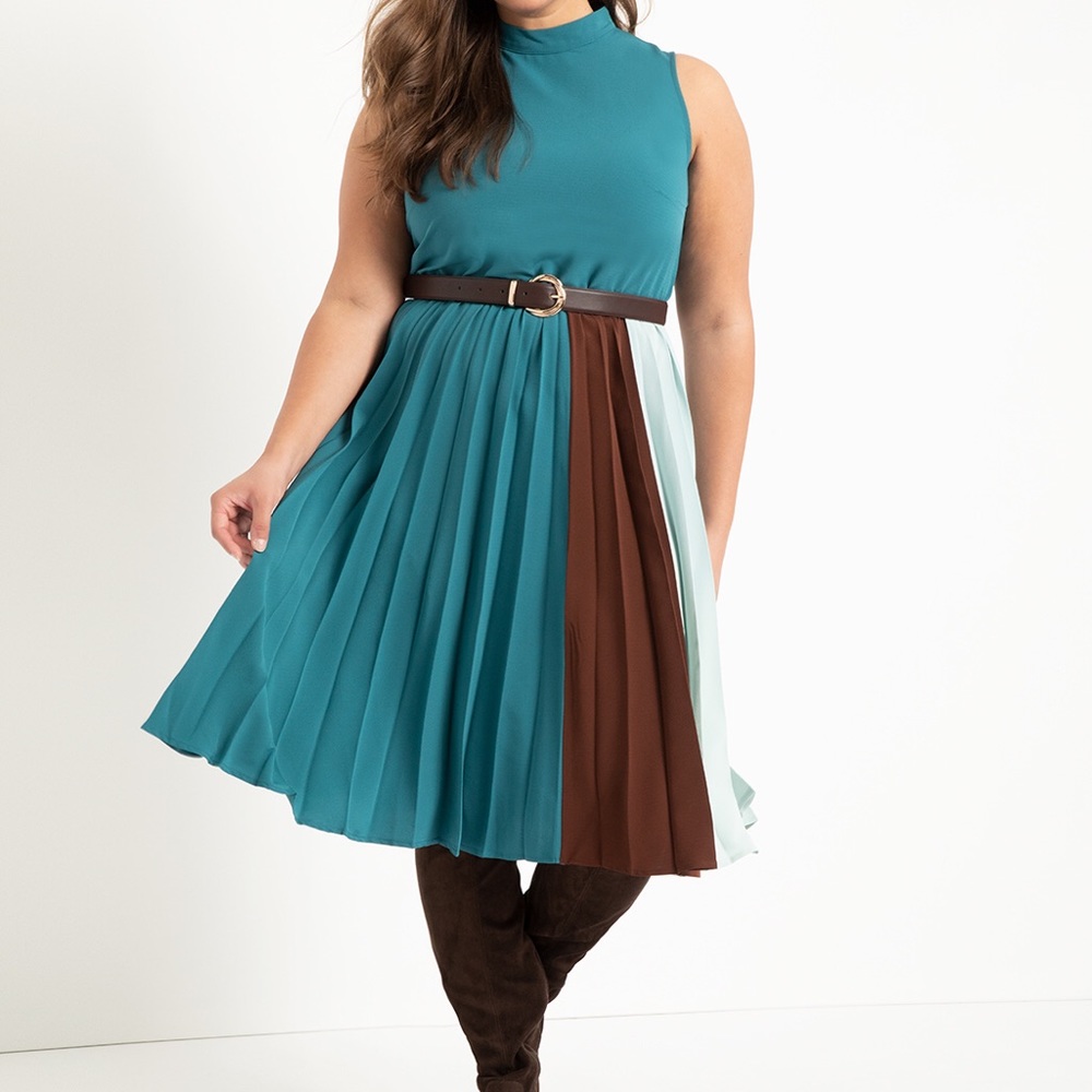 Eloquii Teal and Brown Colorblock Midi Dress